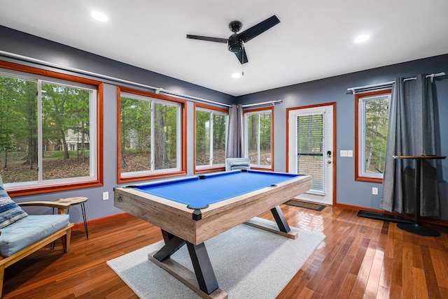 392 Passage Ln, Mcgaheysville, VA 22840 - playroom featuring ceiling fan, baseboards, pool table, wood finished floors, and recessed lighting