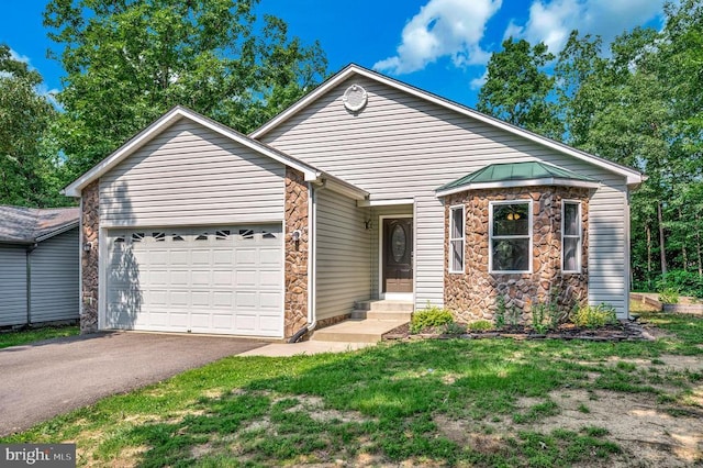 614 Yorktown Blvd, Locust Grove, VA 22508 - ranch-style house featuring an attached garage, stone siding, asphalt driveway, and a front lawn