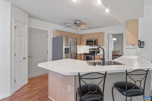 4870 Mechums River Rd, Charlottesville, VA 22901 - kitchen with stainless steel appliances, light brown cabinetry, a ceiling fan, a peninsula, and light wood finished floors