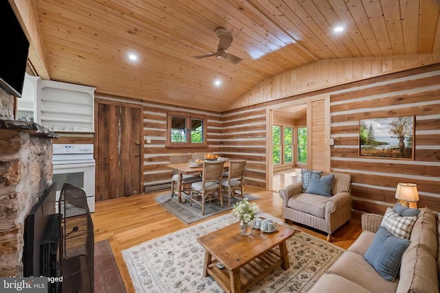 935 River Lodge Rd, Luray, VA 22835 - living area with rustic walls, wood ceiling, vaulted ceiling, a ceiling fan, and recessed lighting