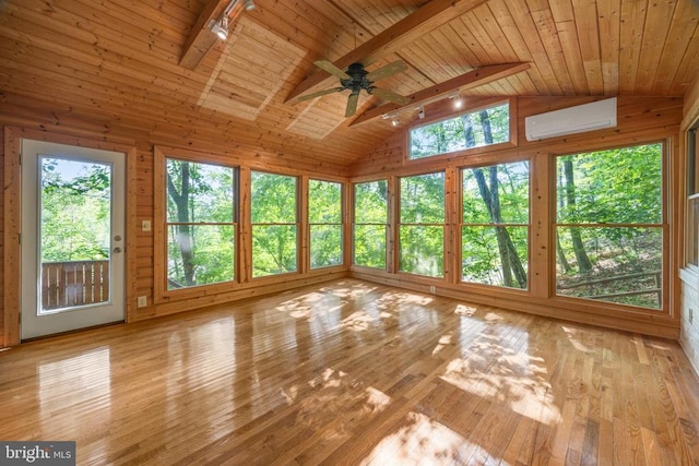 935 River Lodge Rd, Luray, VA 22835 - unfurnished sunroom with track lighting, a wall mounted air conditioner, wood ceiling, plenty of natural light, and hardwood / wood-style floors
