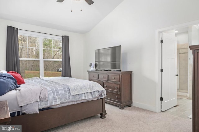 5223 Wyndemere Cir, Mineral, VA 23117 - bedroom with connected bathroom, high vaulted ceiling, baseboards, ceiling fan, and light colored carpet