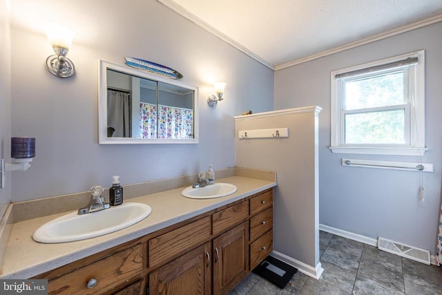 571 Cc Rd, Hood, VA 22723 - full bathroom featuring crown molding, double vanity, baseboards, and tile patterned floors