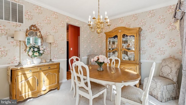 3801 Carlyle Ct, Fredericksburg, VA 22408 - dining room with a chandelier, a wainscoted wall, wallpapered walls, and ornamental molding