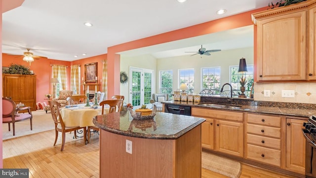 3801 Carlyle Ct, Fredericksburg, VA 22408 - kitchen with a ceiling fan, dishwasher, light brown cabinetry, open floor plan, and recessed lighting