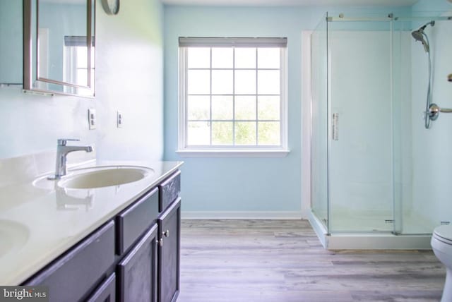 bathroom featuring a shower stall, wood finished floors, toilet, double vanity, and baseboards