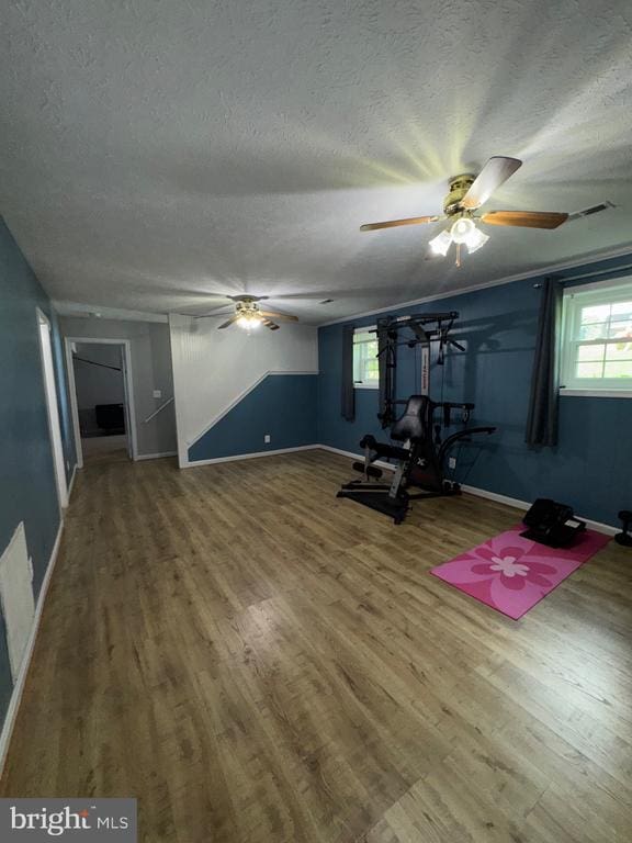 800 Dunlap St, Fredericksburg, VA 22407 - exercise room with a ceiling fan, a textured ceiling, wood finished floors, and plenty of natural light