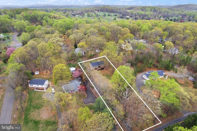  - aerial view of property and surrounding area with a heavily wooded area and property parcel outlined