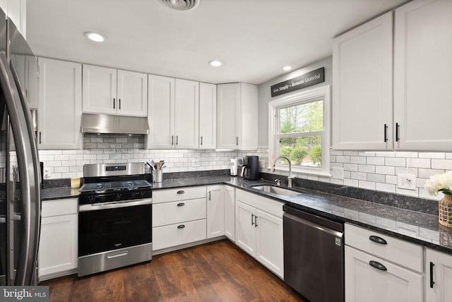  - kitchen with appliances with stainless steel finishes, under cabinet range hood, a sink, white cabinetry, and recessed lighting