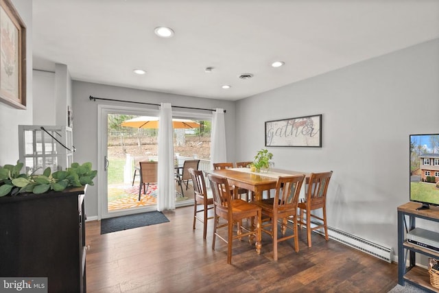  - dining space with dark wood-style floors and recessed lighting