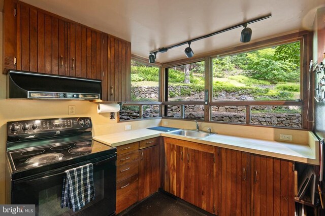 115 Oventop Mountain Ln, Sperryville, VA 22740 - kitchen with black / electric stove, under cabinet range hood, a sink, light countertops, and brown cabinetry