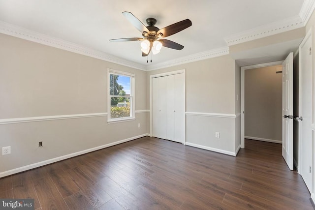 131 Wankoma Dr, Remington, VA 22734 - unfurnished bedroom featuring wood finished floors, ornamental molding, a closet, and a ceiling fan