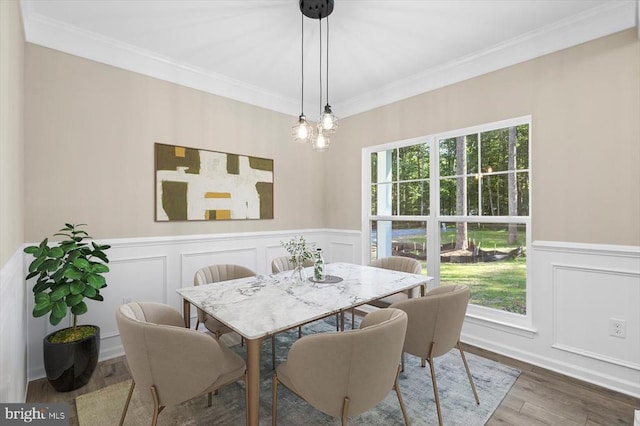 12521 Wilderness Park Dr, Spotsylvania, VA 22551 - dining area with ornamental molding, healthy amount of natural light, a decorative wall, wainscoting, and wood finished floors