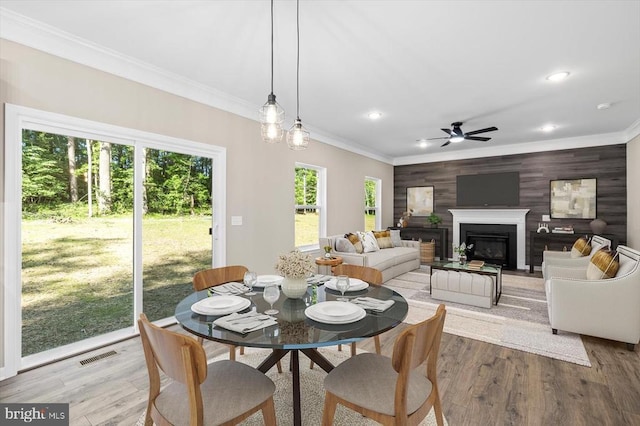 12521 Wilderness Park Dr, Spotsylvania, VA 22551 - dining space with ornamental molding, a ceiling fan, wood finished floors, a glass covered fireplace, and recessed lighting