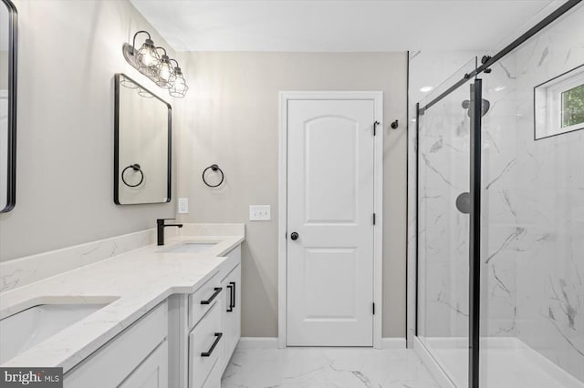 12521 Wilderness Park Dr, Spotsylvania, VA 22551 - bathroom featuring marble look tiles, a marble finish shower, and double vanity