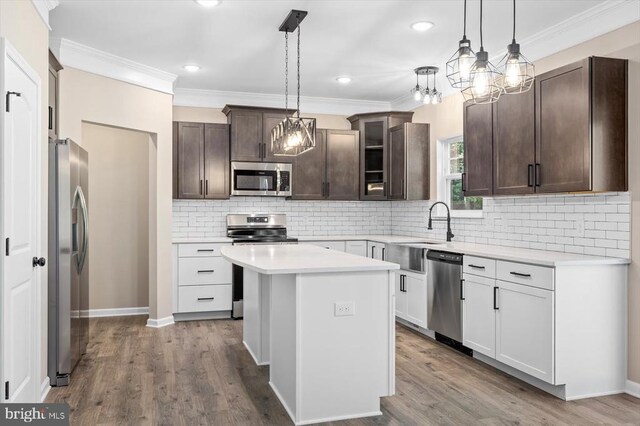 12521 Wilderness Park Dr, Spotsylvania, VA 22551 - kitchen featuring stainless steel appliances, dark brown cabinetry, ornamental molding, light countertops, and wood finished floors