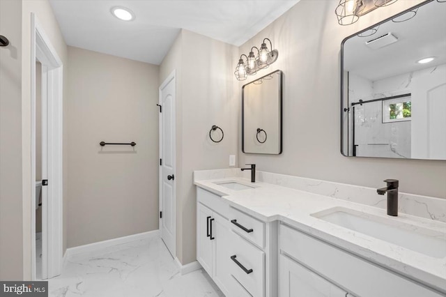 12521 Wilderness Park Dr, Spotsylvania, VA 22551 - bathroom featuring marble finish floors, double vanity, a marble finish shower, and recessed lighting