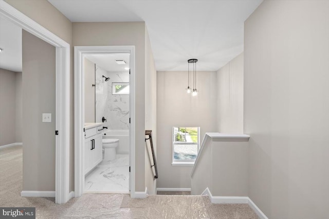 12521 Wilderness Park Dr, Spotsylvania, VA 22551 - hall with an upstairs landing and light marble finish floors
