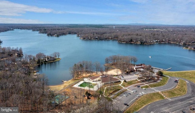 view of property location with a nearby body of water and a heavily wooded area
