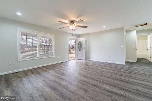 1087 Judy Ln, Stanley, VA 22851 - unfurnished living room with ceiling fan, dark wood-style floors, recessed lighting, and baseboards