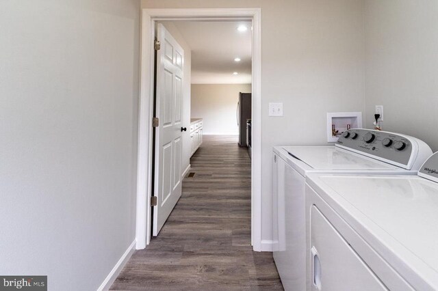 1087 Judy Ln, Stanley, VA 22851 - laundry room featuring separate washer and dryer, dark wood-style flooring, baseboards, and recessed lighting