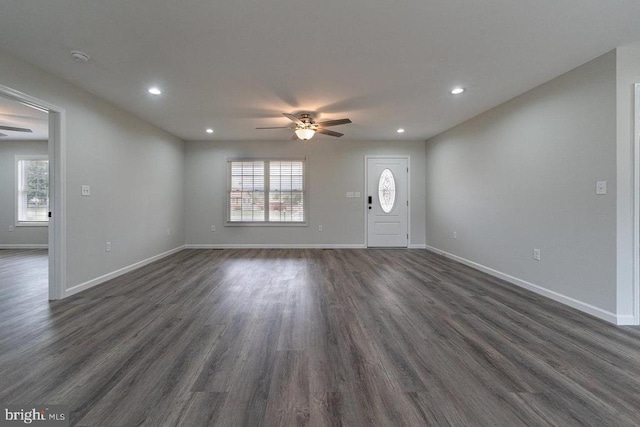 1087 Judy Ln, Stanley, VA 22851 - unfurnished living room with a ceiling fan, healthy amount of natural light, dark wood-style floors, recessed lighting, and baseboards