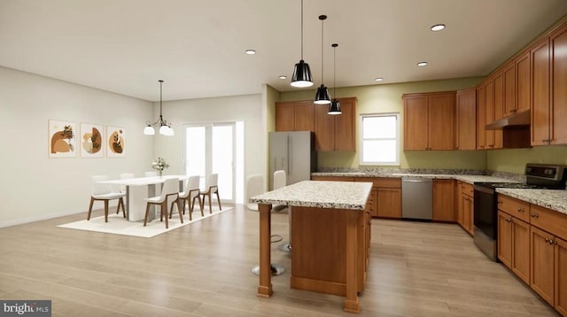 15604 Heth Dr, Mineral, VA 23117 - kitchen with range with electric stovetop, freestanding refrigerator, under cabinet range hood, a center island, and stainless steel dishwasher