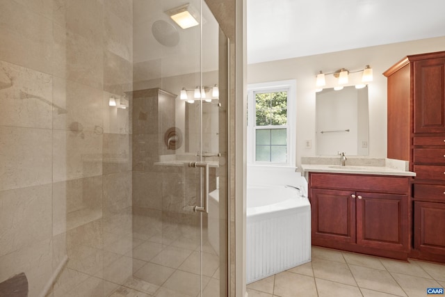 2777 Peppervine Ct, Charlottesville, VA 22911 - full bathroom with a stall shower, a bath, vanity, and tile patterned flooring