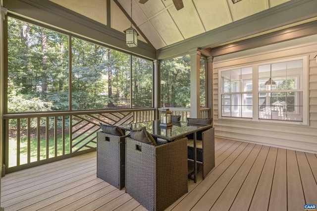 2777 Peppervine Ct, Charlottesville, VA 22911 - sunroom / solarium with vaulted ceiling, a ceiling fan, and outdoor dining space