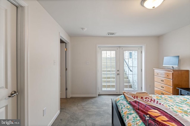 carpeted bedroom featuring french doors, access to exterior, and baseboards