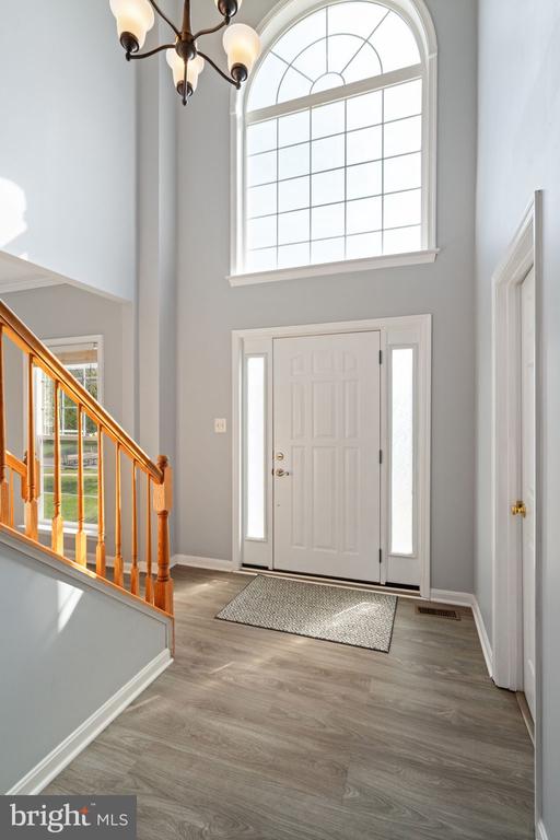 foyer featuring a towering ceiling, a chandelier, baseboards, healthy amount of natural light, and wood finished floors