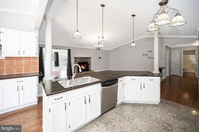 202 Yorktown Blvd, Locust Grove, VA 22508 - kitchen with stainless steel dishwasher, a sink, ornate columns, open floor plan, and crown molding