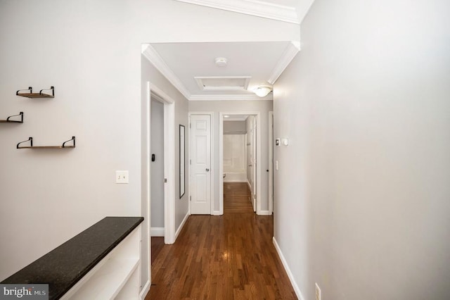 202 Yorktown Blvd, Locust Grove, VA 22508 - hallway featuring ornamental molding, attic access, dark wood-style floors, and baseboards