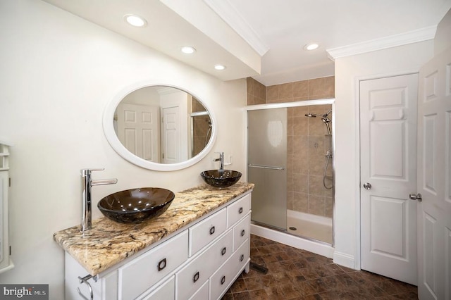 202 Yorktown Blvd, Locust Grove, VA 22508 - bathroom featuring a shower stall, recessed lighting, double vanity, and crown molding