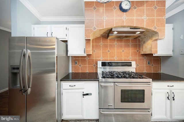 202 Yorktown Blvd, Locust Grove, VA 22508 - kitchen featuring stainless steel appliances, crown molding, white cabinets, under cabinet range hood, and decorative backsplash