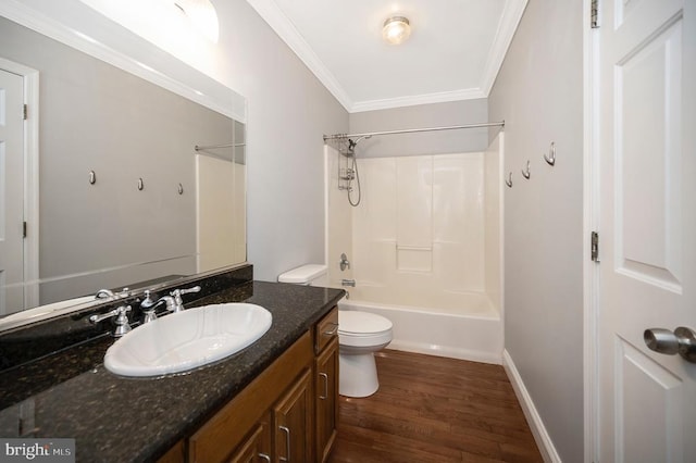 202 Yorktown Blvd, Locust Grove, VA 22508 - bathroom featuring wood finished floors, toilet, crown molding, vanity, and shower / bathtub combination