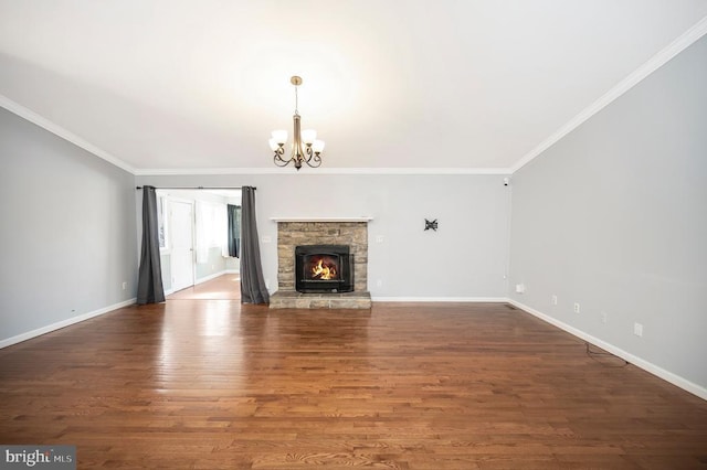 202 Yorktown Blvd, Locust Grove, VA 22508 - unfurnished living room featuring a chandelier, crown molding, baseboards, wood finished floors, and a fireplace