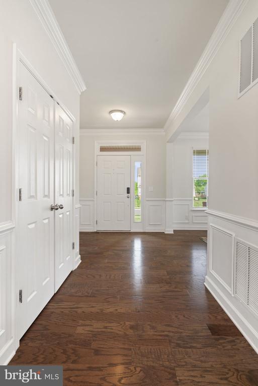 10430 Aspen Highlands Dr, Spotsylvania, VA 22553 - foyer with a decorative wall, ornamental molding, dark wood-style flooring, and wainscoting