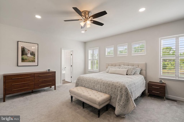 10430 Aspen Highlands Dr, Spotsylvania, VA 22553 - bedroom with light carpet, baseboards, recessed lighting, and ceiling fan