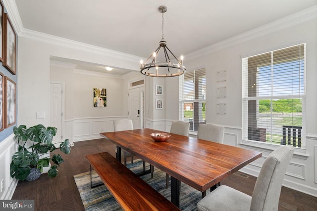 10430 Aspen Highlands Dr, Spotsylvania, VA 22553 - dining space with a decorative wall, a chandelier, ornamental molding, dark wood finished floors, and a wainscoted wall