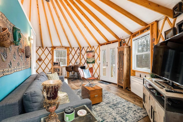 431 Lower Rawley Ln, Hinton, VA 22831 - living room featuring beamed ceiling, high vaulted ceiling, and wood finished floors