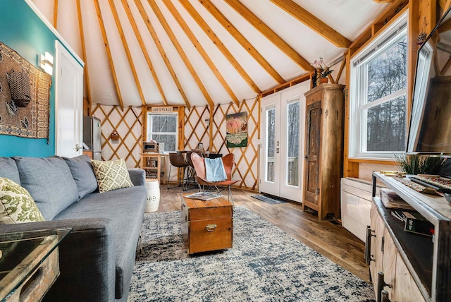 431 Lower Rawley Ln, Hinton, VA 22831 - living area with high vaulted ceiling, wood finished floors, french doors, and beam ceiling