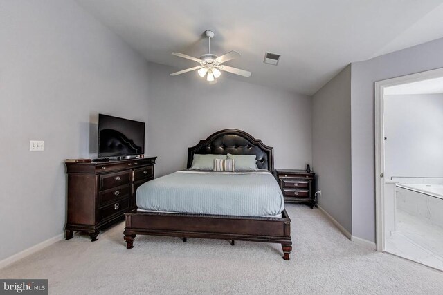 11222 Gander Ct, Fredericksburg, VA 22407 - bedroom with light colored carpet, vaulted ceiling, and a ceiling fan