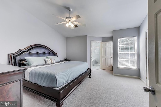 11222 Gander Ct, Fredericksburg, VA 22407 - bedroom featuring light carpet, connected bathroom, and a ceiling fan