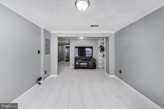 11222 Gander Ct, Fredericksburg, VA 22407 - unfurnished living room with a textured ceiling, carpet floors, electric panel, and ornamental molding