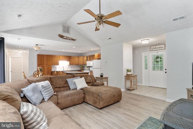 6701 Towles Mill Rd, Spotsylvania, VA 22551 - living area featuring light wood-style flooring, ceiling fan, lofted ceiling, a textured ceiling, and baseboards