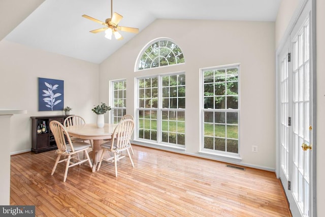 10911 Jarvis Ct, Fredericksburg, VA 22407 - dining space with light wood-type flooring, high vaulted ceiling, and ceiling fan