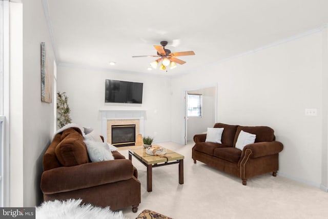 10911 Jarvis Ct, Fredericksburg, VA 22407 - living area featuring crown molding, a glass covered fireplace, light carpet, and ceiling fan