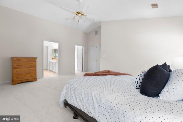 10911 Jarvis Ct, Fredericksburg, VA 22407 - bedroom featuring light colored carpet, connected bathroom, ceiling fan, and high vaulted ceiling