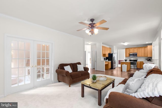 10911 Jarvis Ct, Fredericksburg, VA 22407 - living room featuring ornamental molding, a ceiling fan, and french doors